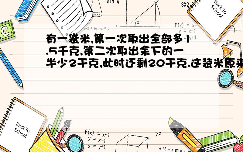 有一袋米,第一次取出全部多1.5千克,第二次取出余下的一半少2干克,此时还剩20干克.这装米原来重多少千克?