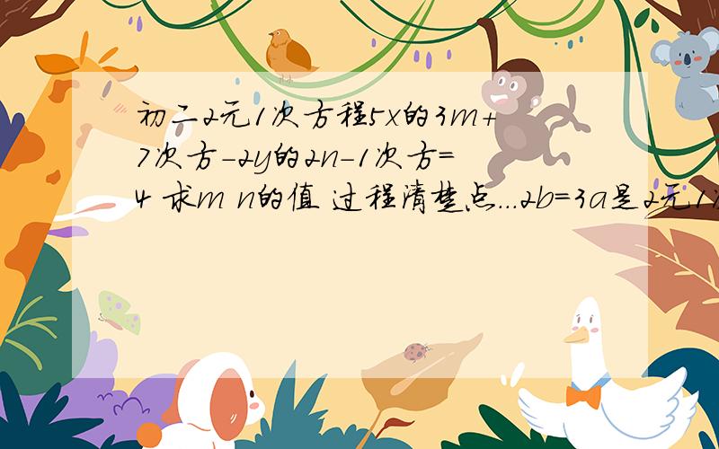 初二2元1次方程5x的3m+7次方-2y的2n-1次方=4 求m n的值 过程清楚点...2b=3a是2元1次方程么