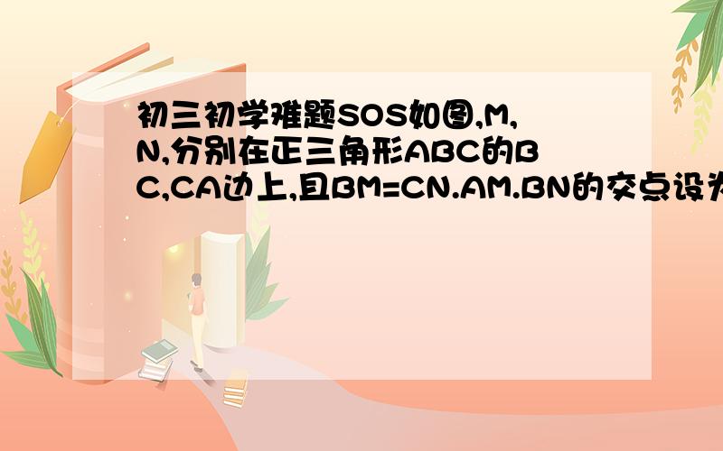 初三初学难题SOS如图,M,N,分别在正三角形ABC的BC,CA边上,且BM=CN.AM.BN的交点设为点Q,(1)求证