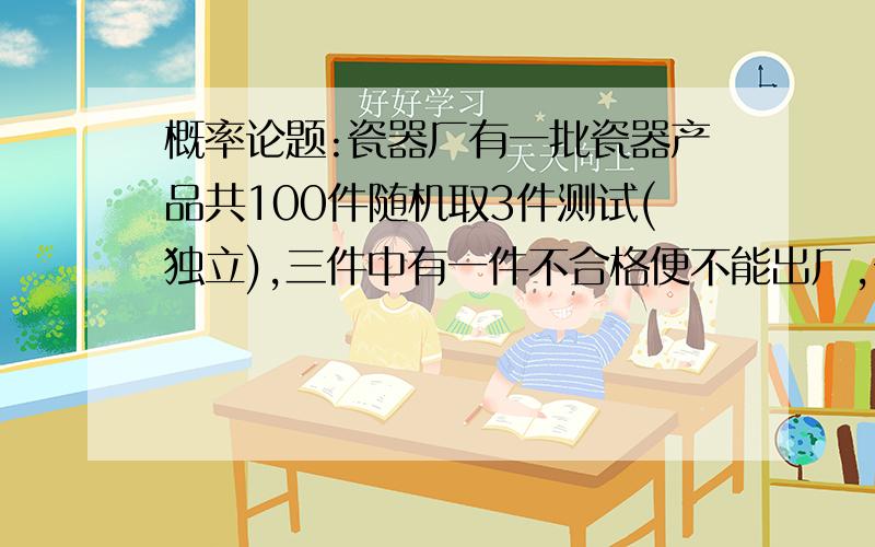 概率论题:瓷器厂有一批瓷器产品共100件随机取3件测试(独立),三件中有一件不合格便不能出厂,一件瓷器不合格被检测出来的