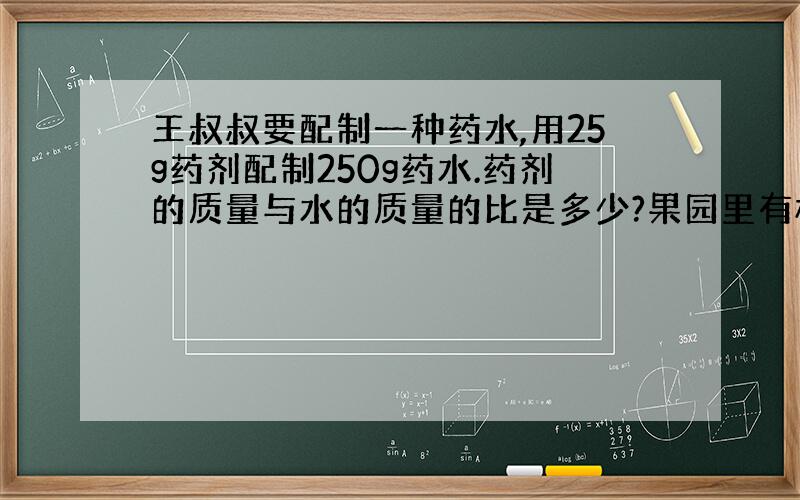 王叔叔要配制一种药水,用25g药剂配制250g药水.药剂的质量与水的质量的比是多少?果园里有桃