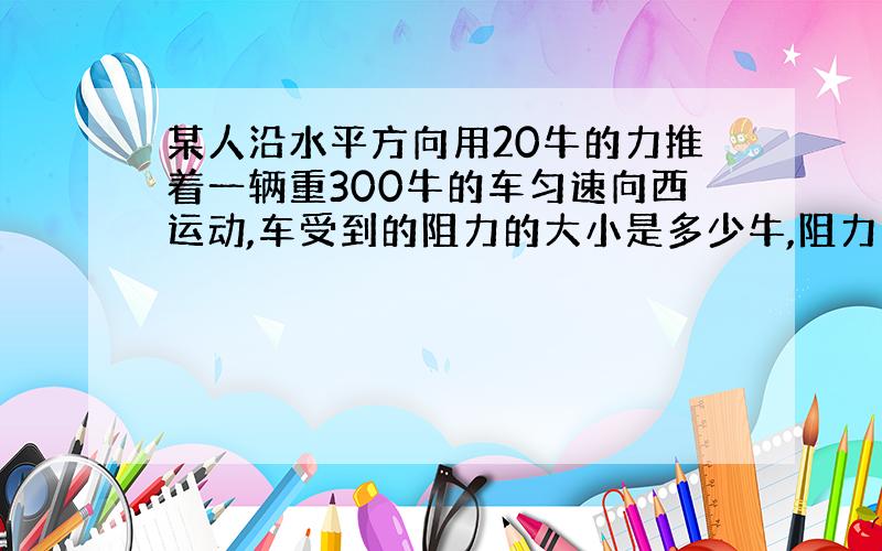 某人沿水平方向用20牛的力推着一辆重300牛的车匀速向西运动,车受到的阻力的大小是多少牛,阻力方向是