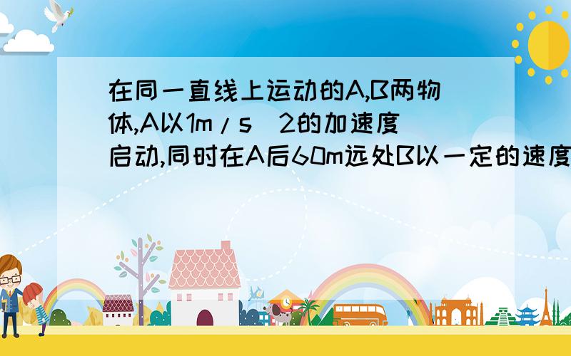 在同一直线上运动的A,B两物体,A以1m/s^2的加速度启动,同时在A后60m远处B以一定的速度v0匀速追赶,