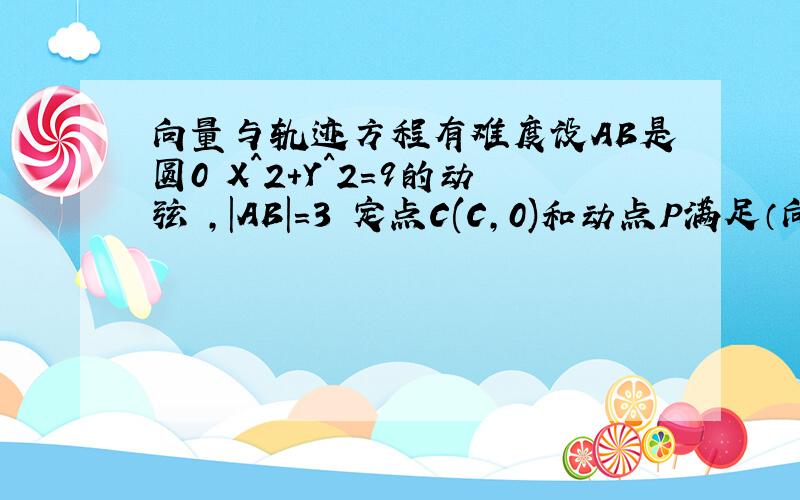 向量与轨迹方程有难度设AB是圆0 X^2+Y^2=9的动弦 ,|AB|=3 定点C(C,0)和动点P满足（向量）PA+P