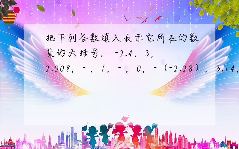 把下列各数填入表示它所在的数集的大括号： -2.4，3，2.008，- ，1，- ，0，-（-2.28），3.14，-|