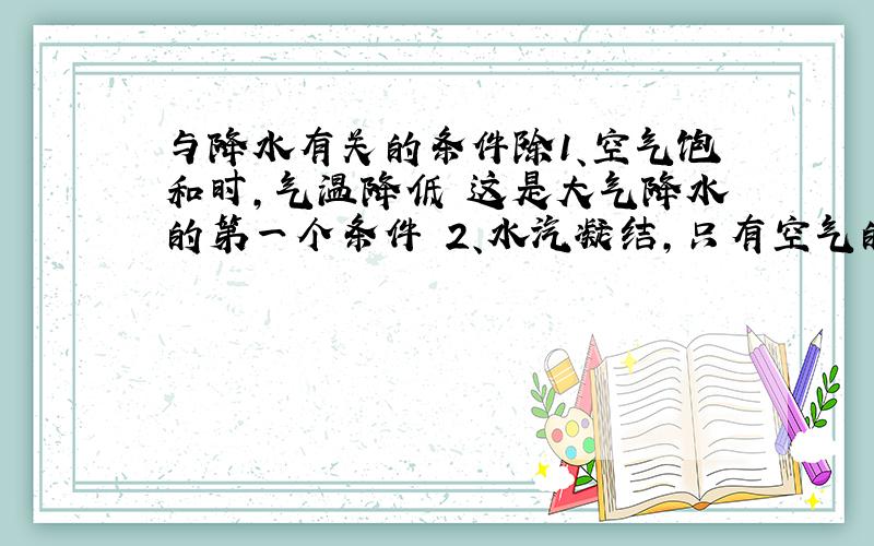 与降水有关的条件除1、空气饱和时,气温降低 这是大气降水的第一个条件 2、水汽凝结,只有空气的冷却还不够,水汽还必须附着