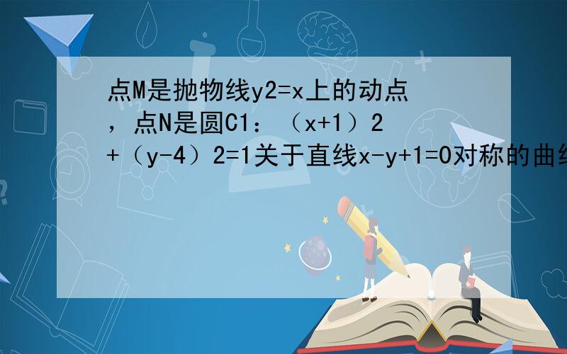 点M是抛物线y2=x上的动点，点N是圆C1：（x+1）2+（y-4）2=1关于直线x-y+1=0对称的曲线C上的一点，则