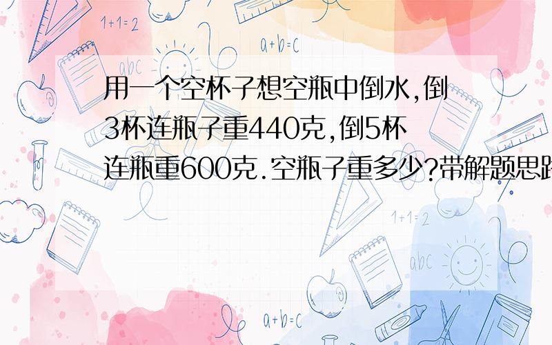 用一个空杯子想空瓶中倒水,倒3杯连瓶子重440克,倒5杯连瓶重600克.空瓶子重多少?带解题思路