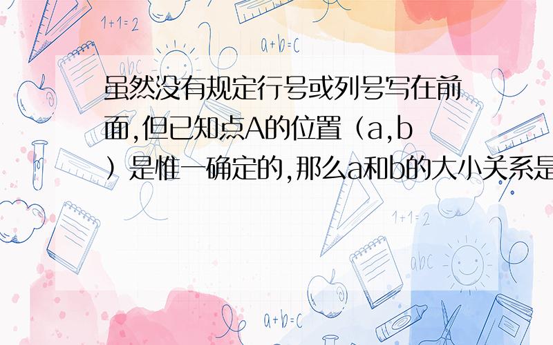 虽然没有规定行号或列号写在前面,但已知点A的位置（a,b）是惟一确定的,那么a和b的大小关系是