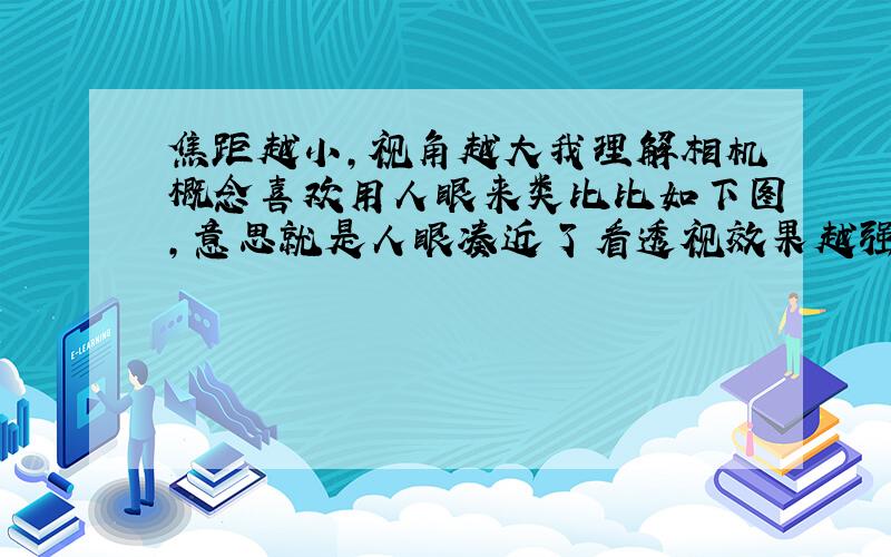 焦距越小,视角越大我理解相机概念喜欢用人眼来类比比如下图,意思就是人眼凑近了看透视效果越强,头抬起来一点,透视就不那么明