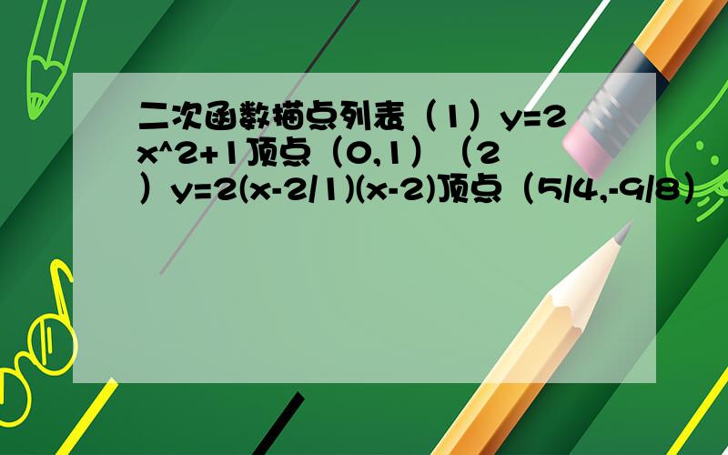 二次函数描点列表（1）y=2x^2+1顶点（0,1）（2）y=2(x-2/1)(x-2)顶点（5/4,-9/8）（3）y