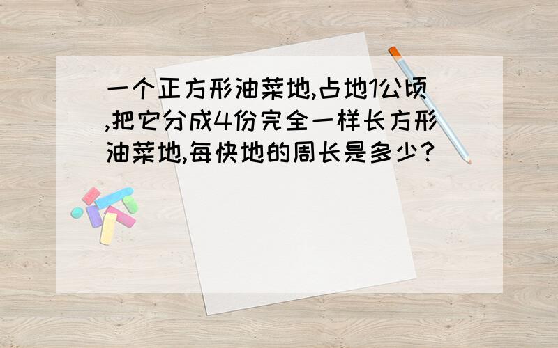 一个正方形油菜地,占地1公顷,把它分成4份完全一样长方形油菜地,每快地的周长是多少?