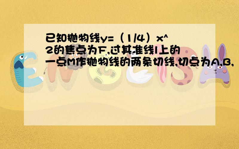 已知抛物线y=（1/4）x^2的焦点为F,过其准线l上的一点M作抛物线的两条切线,切点为A,B,