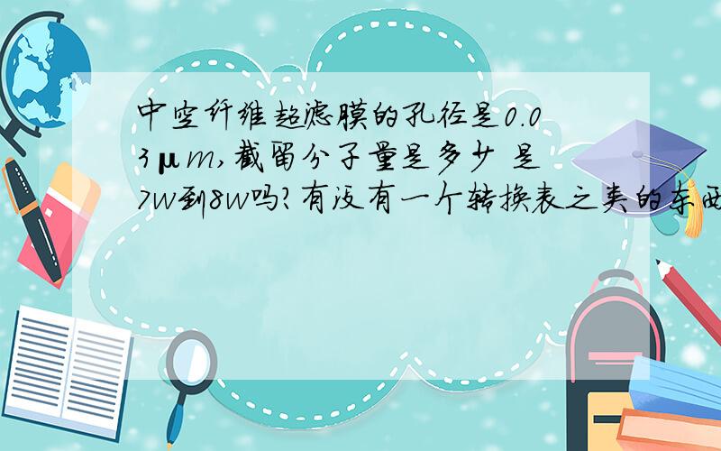 中空纤维超滤膜的孔径是0.03μm,截留分子量是多少 是7w到8w吗?有没有一个转换表之类的东西,