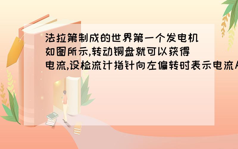 法拉第制成的世界第一个发电机如图所示,转动铜盘就可以获得电流,设检流计指针向左偏转时表示电流从正接线柱流进检流计,则从上