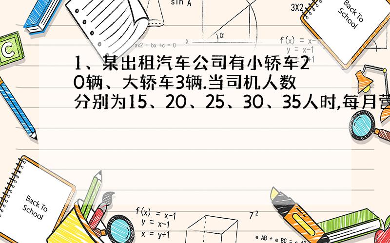 1、某出租汽车公司有小轿车20辆、大轿车3辆.当司机人数分别为15、20、25、30、35人时,每月营业收入分别为110