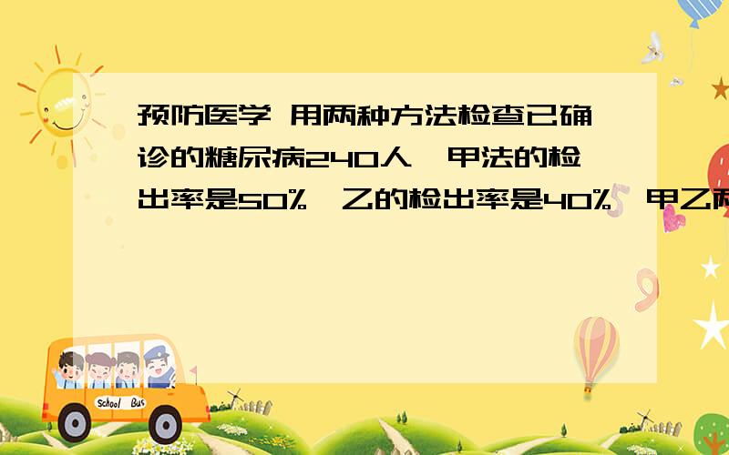 预防医学 用两种方法检查已确诊的糖尿病240人,甲法的检出率是50%,乙的检出率是40%,甲乙两法一致的检出率为30%,