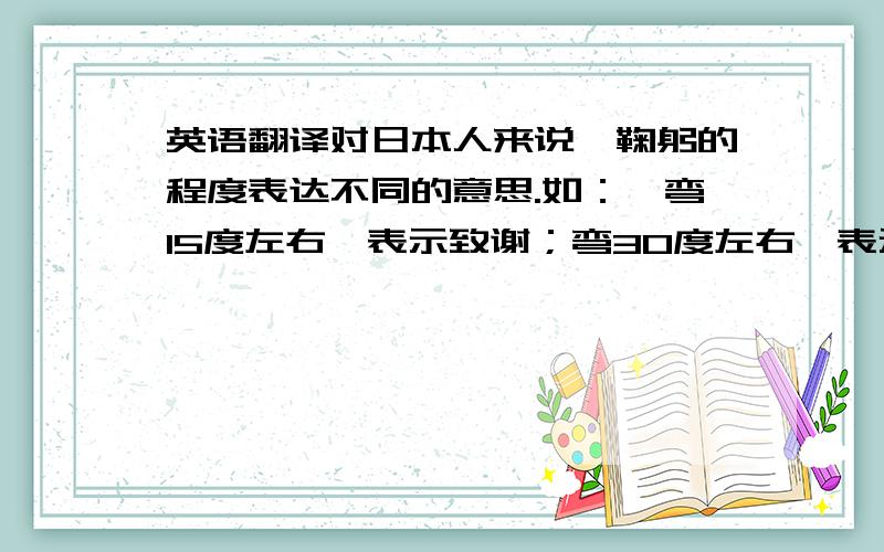 英语翻译对日本人来说,鞠躬的程度表达不同的意思.如：,弯15度左右,表示致谢；弯30度左右,表示诚恳和歉意；弯90度左右