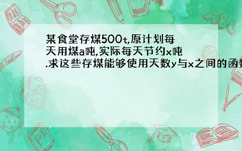 某食堂存煤500t,原计划每天用煤a吨,实际每天节约x吨.求这些存煤能够使用天数y与x之间的函数关系,