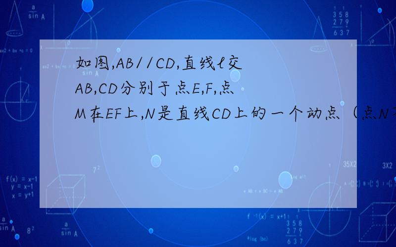 如图,AB//CD,直线l交AB,CD分别于点E,F,点M在EF上,N是直线CD上的一个动点（点N不与F重合）.