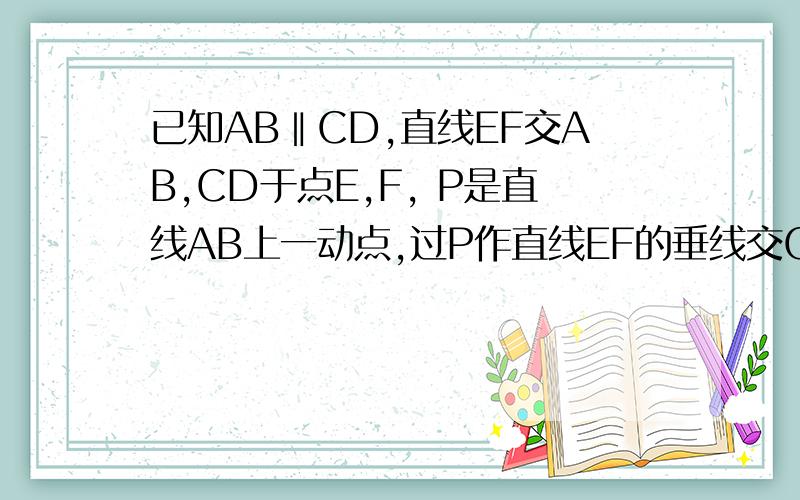 已知AB‖CD,直线EF交AB,CD于点E,F, P是直线AB上一动点,过P作直线EF的垂线交CD于点Q.若角APQ=2