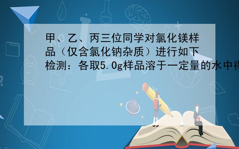 甲、乙、丙三位同学对氯化镁样品（仅含氯化钠杂质）进行如下检测：各取5.0g样品溶于一定量的水中得到25.0g溶液，再分别