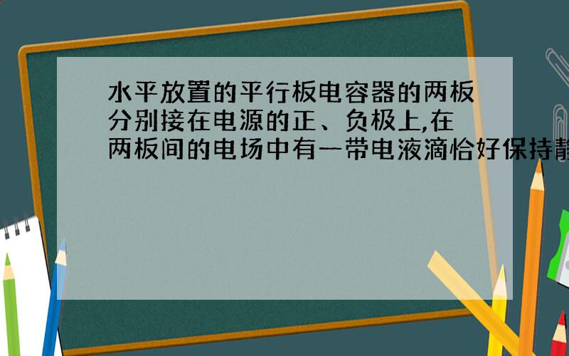 水平放置的平行板电容器的两板分别接在电源的正、负极上,在两板间的电场中有一带电液滴恰好保持静止.若把电容器两板间距加倍,