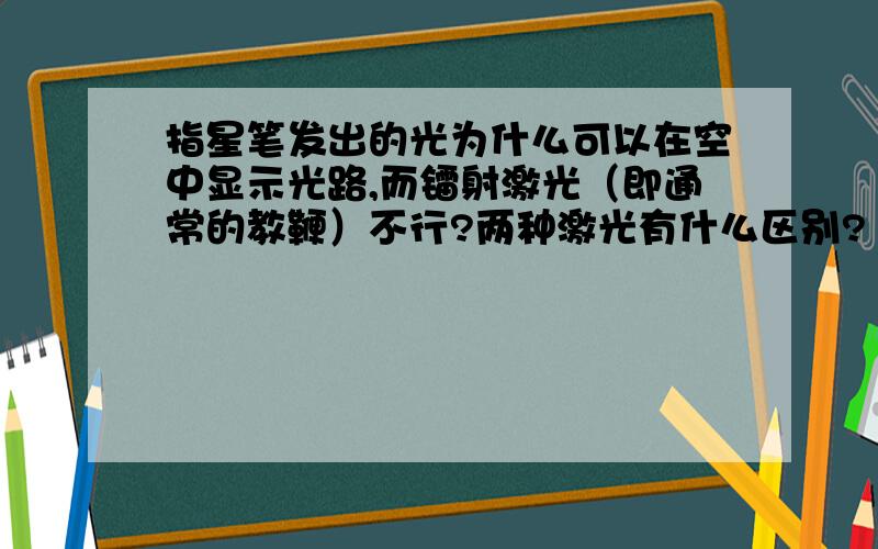 指星笔发出的光为什么可以在空中显示光路,而镭射激光（即通常的教鞭）不行?两种激光有什么区别?