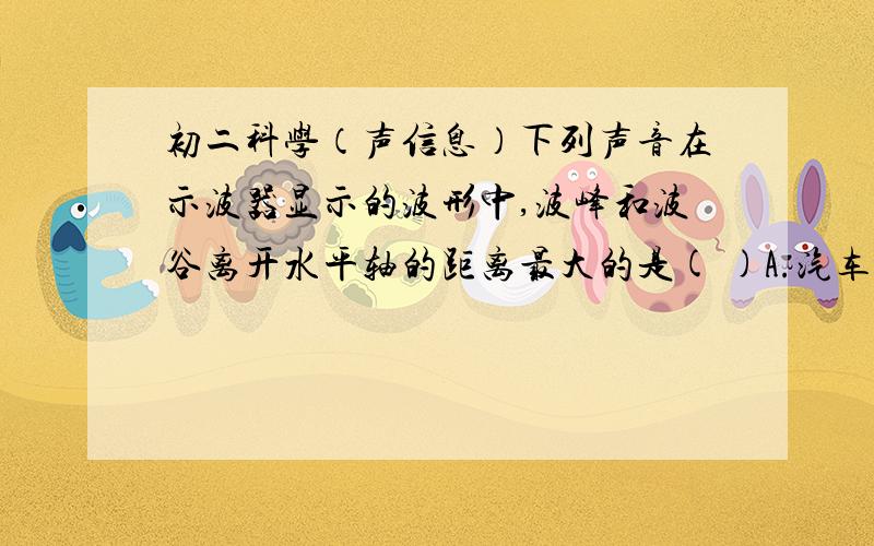 初二科学（声信息）下列声音在示波器显示的波形中,波峰和波谷离开水平轴的距离最大的是( )A.汽车喇叭声 B.公鸡的啼叫声