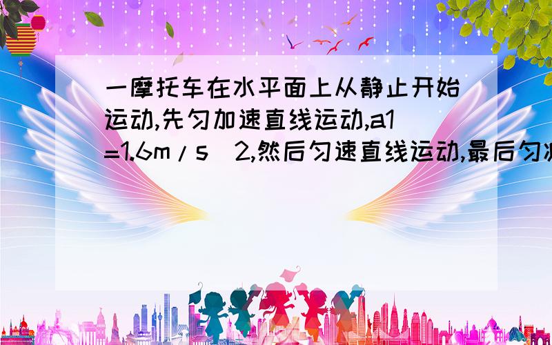 一摩托车在水平面上从静止开始运动,先匀加速直线运动,a1=1.6m/s^2,然后匀速直线运动,最后匀减速直线运动,a2=