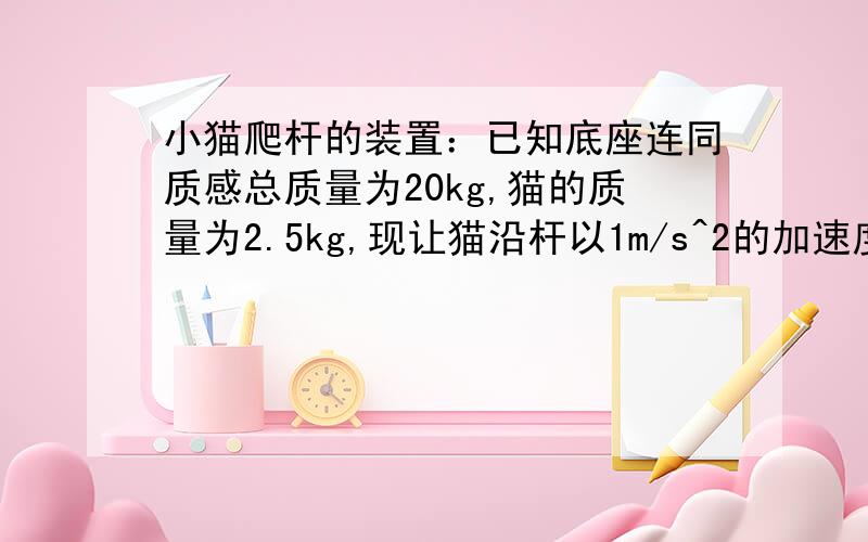 小猫爬杆的装置：已知底座连同质感总质量为20kg,猫的质量为2.5kg,现让猫沿杆以1m/s^2的加速度从杆底部向上爬,