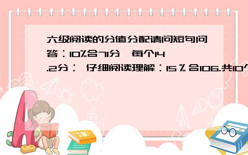 六级阅读的分值分配请问短句问答：10%合71分,每个14.2分； 仔细阅读理解：15％合106.共10个每个10.这样算