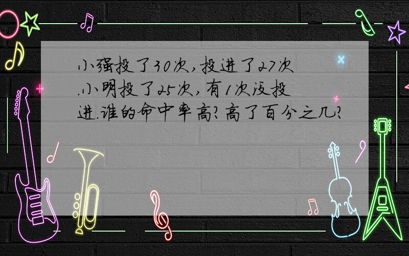 小强投了30次,投进了27次.小明投了25次,有1次没投进.谁的命中率高?高了百分之几?