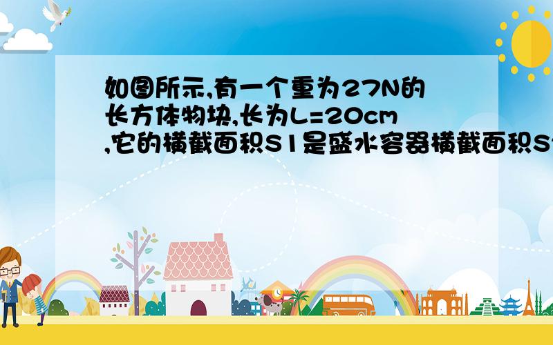 如图所示,有一个重为27N的长方体物块,长为L=20cm,它的横截面积S1是盛水容器横截面积S2（容器厚壁不计）的三分之