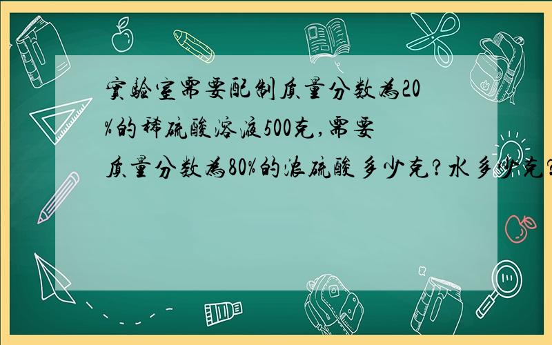 实验室需要配制质量分数为20%的稀硫酸溶液500克,需要质量分数为80%的浓硫酸多少克?水多少克?