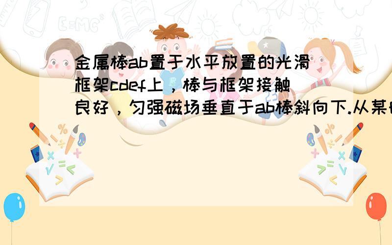 金属棒ab置于水平放置的光滑框架cdef上，棒与框架接触良好，匀强磁场垂直于ab棒斜向下.从某时刻开始磁感应强度均匀减小