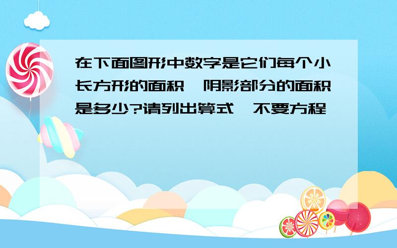 在下面图形中数字是它们每个小长方形的面积,阴影部分的面积是多少?请列出算式,不要方程,