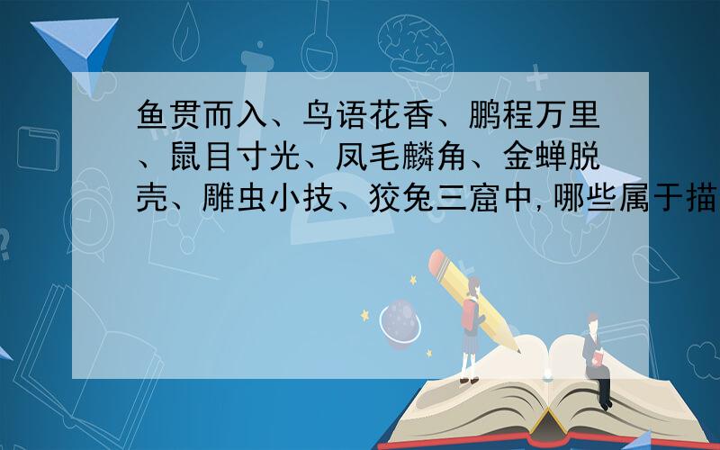 鱼贯而入、鸟语花香、鹏程万里、鼠目寸光、凤毛麟角、金蝉脱壳、雕虫小技、狡兔三窟中,哪些属于描写动物