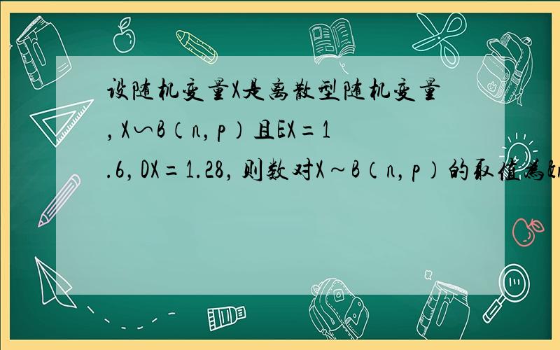 设随机变量X是离散型随机变量，X∽B（n，p）且EX=1.6，DX=1.28，则数对X～B（n，p）的取值为 