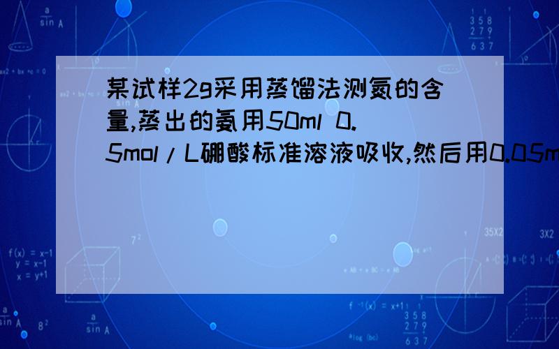 某试样2g采用蒸馏法测氮的含量,蒸出的氨用50ml 0.5mol/L硼酸标准溶液吸收,然后用0.05mol/L的盐...