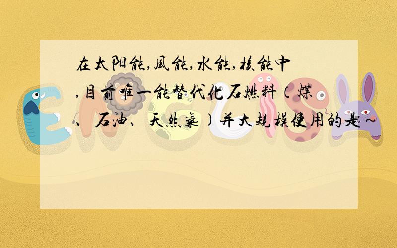 在太阳能,风能,水能,核能中,目前唯一能替代化石燃料（煤、石油、天然气)并大规模使用的是～