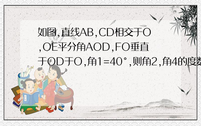 如图,直线AB,CD相交于O,OE平分角AOD,FO垂直于OD于O,角1=40°,则角2,角4的度数