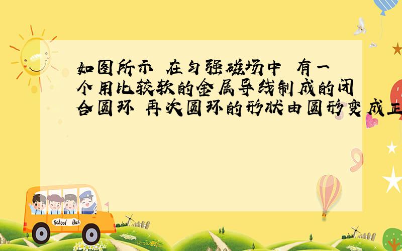 如图所示 在匀强磁场中 有一个用比较软的金属导线制成的闭合圆环 再次圆环的形状由圆形变成正方形的过程中