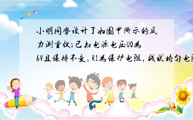 小明同学设计了如图甲所示的风力测量仪；已知电源电压U0为6V且保持不变，R1为保护电阻，线状均匀电阻丝长为9cm，其全电