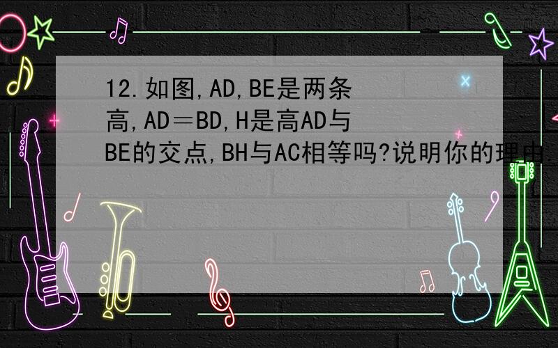 12.如图,AD,BE是两条高,AD＝BD,H是高AD与BE的交点,BH与AC相等吗?说明你的理由. 13.如