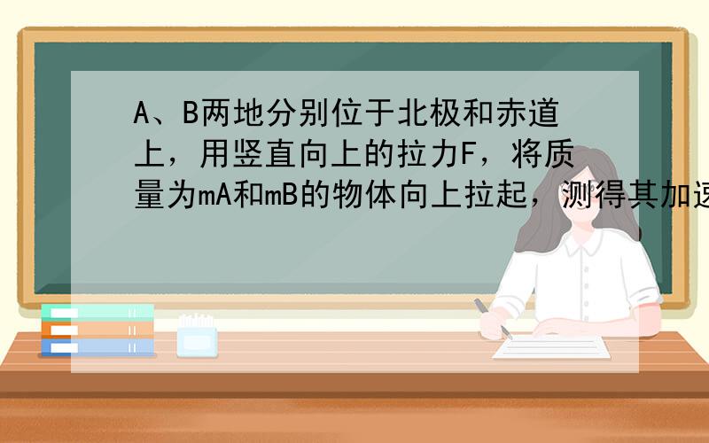 A、B两地分别位于北极和赤道上，用竖直向上的拉力F，将质量为mA和mB的物体向上拉起，测得其加速度a与力F的关系如图A、