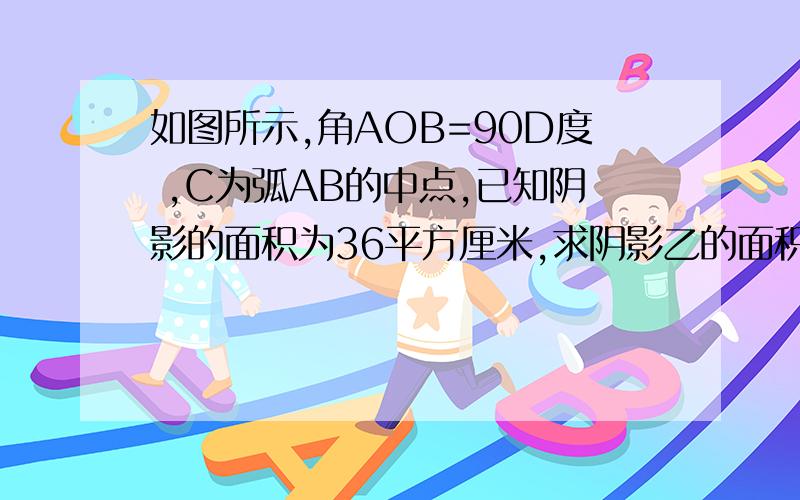 如图所示,角AOB=90D度 ,C为弧AB的中点,已知阴影的面积为36平方厘米,求阴影乙的面积.