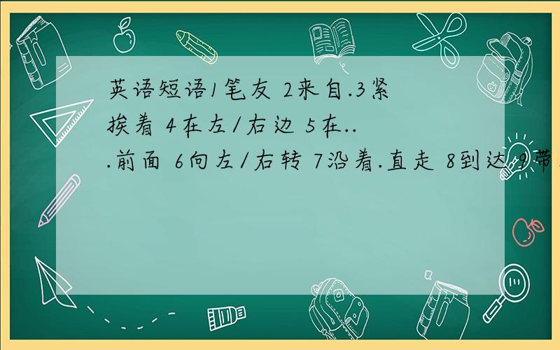 英语短语1笔友 2来自.3紧挨着 4在左/右边 5在...前面 6向左/右转 7沿着.直走 8到达 9带花园的房子 10