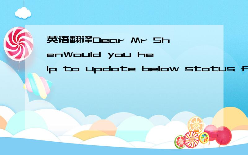 英语翻译Dear Mr ShenWould you help to update below status for Pi