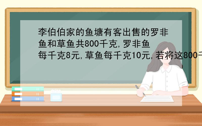 李伯伯家的鱼塘有客出售的罗非鱼和草鱼共800千克,罗非鱼每千克8元,草鱼每千克10元,若将这800千克鱼全部出售,收入可